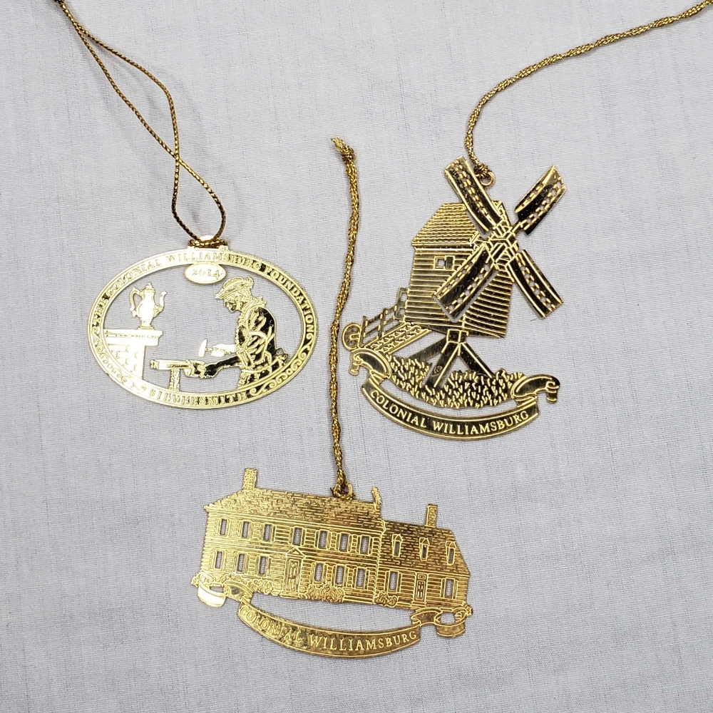 Three Colonial Williamsburg 24 Karat Gold Plated Christmas Ornaments